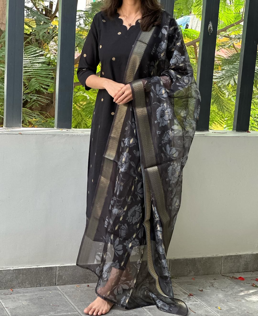 Black Kurti With Gold Dollar Butta