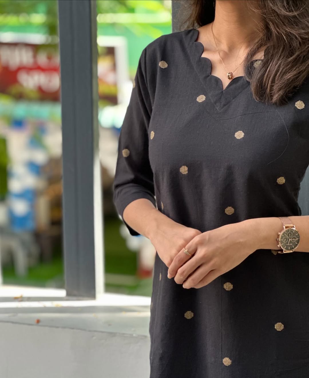 Black Kurti With Gold Dollar Butta