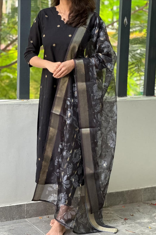 Black Kurti With Gold Dollar Butta